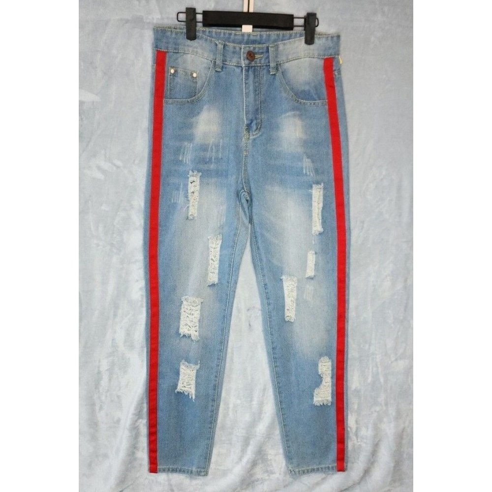 Romwe Distressed Blue Denim Jeans Mens Size 30 Red Tuxedo Stripe Light Wash Y2K